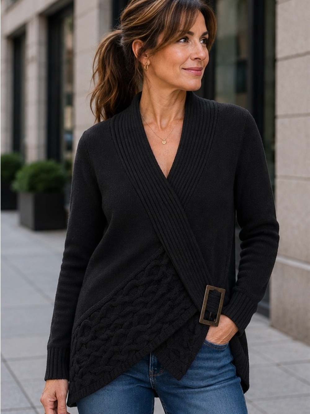 VENUS Black Wrap-Front Cable Knit Sweater